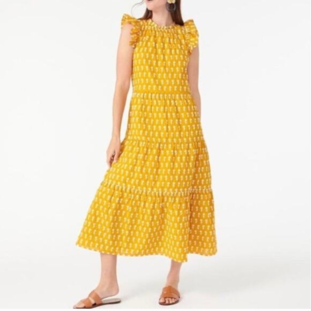 J. Crew Tiered Cotton Voile Dress Floating Sunflower Yellow Women’s Size XL